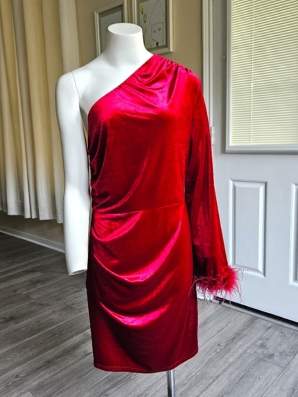 NWT PrettyGarden One Shoulder Velvet Feather Trim Dress Red
